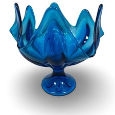 Vintage VIking Bluenique Blue Swung Glass Handkerchief Bowl Vase MCM Art Glass picture
