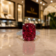 4.60 Ct Cushion Cut Red Ruby Diamond Engagement Ring 14K White Gold Size 6,7,8 picture
