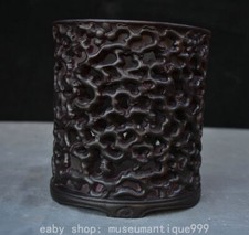 6.2'' Old Chinese Black Ebony Wood Carved Branch Hollow out  Brush Pot picture
