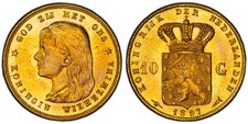 NETHERLANDS. Wilhelmina I. 1897 (Halberd) AV 10 Gulden. NGC MS65. KM 118  Fr-34 picture