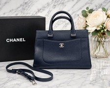 Authentic CHANEL Navy Blue Caviar Leather Top Handle Tote Shoulder Bag Silver CC picture