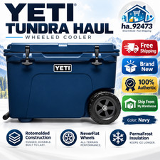 Big Sale YETI Tundra Haul Wheeled Cooler Navy White Charcoal Rotomolded picture