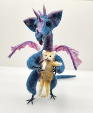Handmade  OOAK Needle Felted wool animals Dragon with Cat new artist made picture