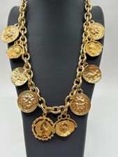 Vintage Etruscan Revival Medallion Charm Necklace 167.9 g Gold Tone Greco Roman picture
