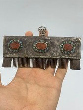 Antique very old silver hair com with natural agate stone rare unique picture