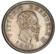 ITALY KINGDOM VITTORIO EMANUELE II 1867-M-BN 50 CENTESIMI SILVER COIN, PCGS MS63 picture