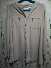 EUC Susan Graver Liquid Knit Long Sleeve  Button Blouse Size L Beige Zip Pockets picture
