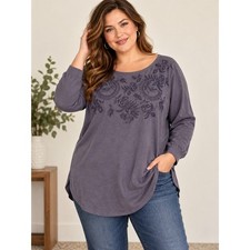 Pure Jill Embroidered Neckline Tunic Top 2X Purple 100% Cotton Boho picture