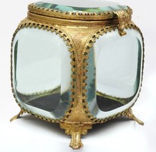 Antique Ormolu Beveled Glass Casket Jewelry Box Gold Filigree French Style picture