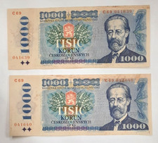 Pair of 1985 Issue Czechoslovakia 1000 Korun Consec S/N Pick# 98a EF/AU w/Stains picture
