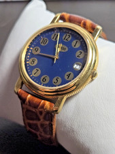 ​Vintage 1993 Guess Watch Gold Tone Blue Dial Date Leather Strap TESTED WORKING picture