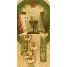 1913 Religious Mass Candles Chalice Bible Pall Victorian Trade Card Lovely picture