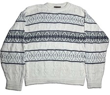 Vintage 90s Jantzen Geometric Knit Sweater Mens Large Cream Gray Blue USA Made picture