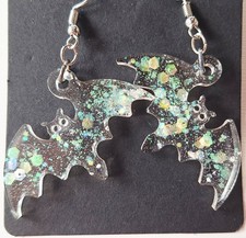 Halloween Glitter Bat Dangle Earrings – Resin Spooky Jewelry, Gothic Style, Fest picture