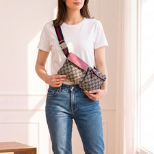 GUCCI GG Canvas Sherry Line Waist Bag Bum Bag Fanny Pack Gray Red 28566 Vintage picture