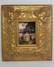 Vintage Print Picking Flowers By The River Ornate Gold Frame Artwork E. Walbourn picture