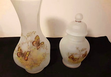 Vintage Viking Glass Frosted Satin Butterfly Set - Flared Hexagon Vase & Ginger picture