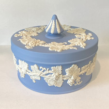 Blue & White Wedgwood Trinket Box with Lid, Raised Relief Grape Vine, Round picture
