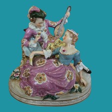 Vintage Mid Century Porcelain Victorian Courtly Couple Figurine Lute mandolin picture