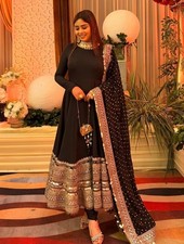 Beautiful Party Wear Black Roman Silk Anarkali Gown With Dupatta For Women picture