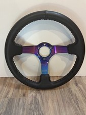 Rare NRG Reinforced 3” Deep Dish Neo Chrome Spoke Black Leather Steering Wheel picture