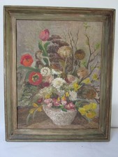 ANTIQUE 19C  AMERICAN STILL LIFE OF  FLOWERS IN THE VASE OIL PAINTING picture