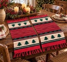 Vtg Mexican Zapotec Style Wool Table Runner Set 2 Christmas Pine Tree Southwest picture