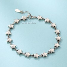 Pure S925 Sterling Silver Chain 7mm Five Star Link Bracelet 6.7-7.5inch picture