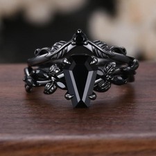 Black Onyx Gothic Ring Bridal Set 925 Sterling Silver Statement Band Unisex picture