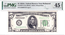 1934-A $5 Federal Reserve Note Richmond PMG XF45EPQ Low Pop 1/5 #E64694137A picture