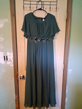 Ever-Pretty Green Chiffon Maxi Dress 14 Flutter Sleeves Sequin Waist Round picture