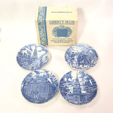 VTG Liberty Blue Staffordshire Ironstone 4 Coaster Ash Tray Set Colonial Box NOS picture