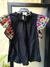 Black Embroidered Flutter Sleeve Round Neck Blouse  Impressions Top Large picture
