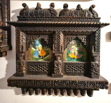 Vintage Hand Carved Indian Wood Radha Krishna Wall Shrine Mandir Temple Decor picture