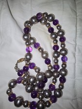 Vintage 925 Sterling Silver  Amethyst Necklace w/14k Gold Spacers 32in 119.5g picture