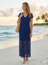 TOMMY BAHAMA GORGEOUS BLUE CROCHET SEE THRU BOTTOM MAXI DRESS SM NWT picture