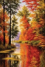 Original Hand Painted Acrylic Autumn Forest River Art 36x24 Unframed Rolled Canv picture