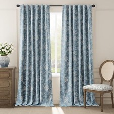 100% Blackout Floral Curtains for Bedroom 96 Inches Long White on Blue Printed picture