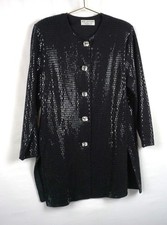ST JOHN EVENING BLACK PAILLETTE LONG KNIT JACKET WITH LUXE CRYSTAL BUTTON SZ 12 picture