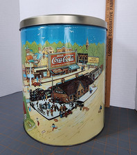 Vintage 1990 Coca-Cola Coke Large Tin, Train, Station, Circus, Parade Elephants picture