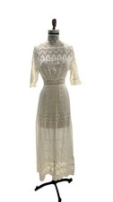 Antique Edwardian White Cotton Eyelet Lace Lawn Dress Small picture
