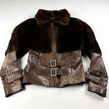 Vintage Real Leather Jacket Womens Small Brown Real Fur Trim Rhinestone Full Zip picture