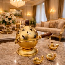 Brass Dhoop Incense Burner% Wooden Handle Puja Swastik Design Holder picture