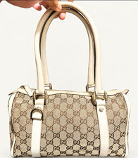 Gucci GG Pattern Zip Top Satchel Handbag Beige Brown White Silver Hardware picture