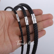 4/6/8MM Mens Black Braided Cord Rope Leather Necklace Choker w/ Magnetic Clasp picture