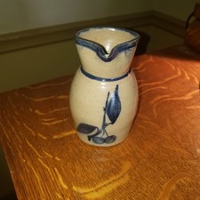 Antique Creamer Pitcher CROCK Blue Painted Cherries 5