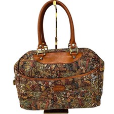 Vintage Gobelins Art Tapestry Handbag Medieval Village Leather Handle Purse picture