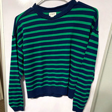 J.CREW Women’s XS Navy/Green Striped Crew Neck Pullover Knit Sweater Cotton picture