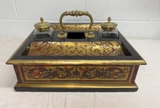 HUGE antique 1800's French Boulle gilt bronze wood marquetry dual inkwell stand picture