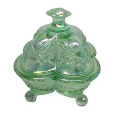 Fenton Willow Green Iridescent Rose Glass Footed Candy Box Trinket Dish w/Lid EC picture